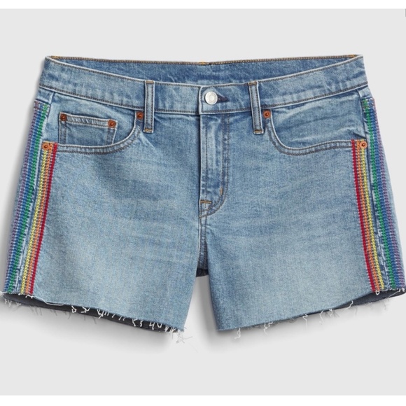 Gap | NWT Pride Embroidered Rainbow Mid Rise Stretch Denim Cut Off Jean Shorts - Picture 1 of 13